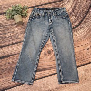 Rockin Denim Embellished Jeans Flap Pockets w/ Buttons & Embroidery Capri Size 6